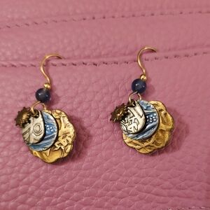 Tritone metal and blue bead earrings